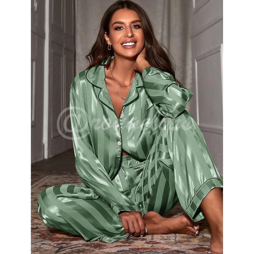 Satin Green Striped Women's Pajamas Pants Shirt Set